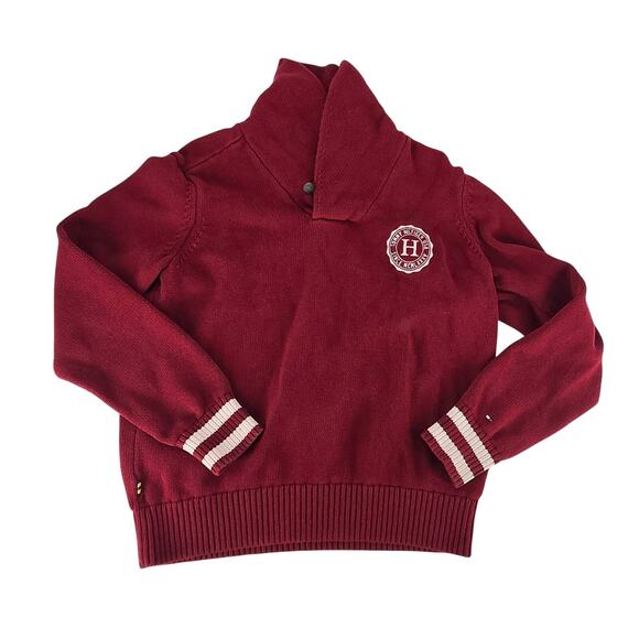 Tommy Hilfiger Men Logo Crest Shawl Neck Collar Maroon Burgundy Varsity Sweater - Picture 1 of 8